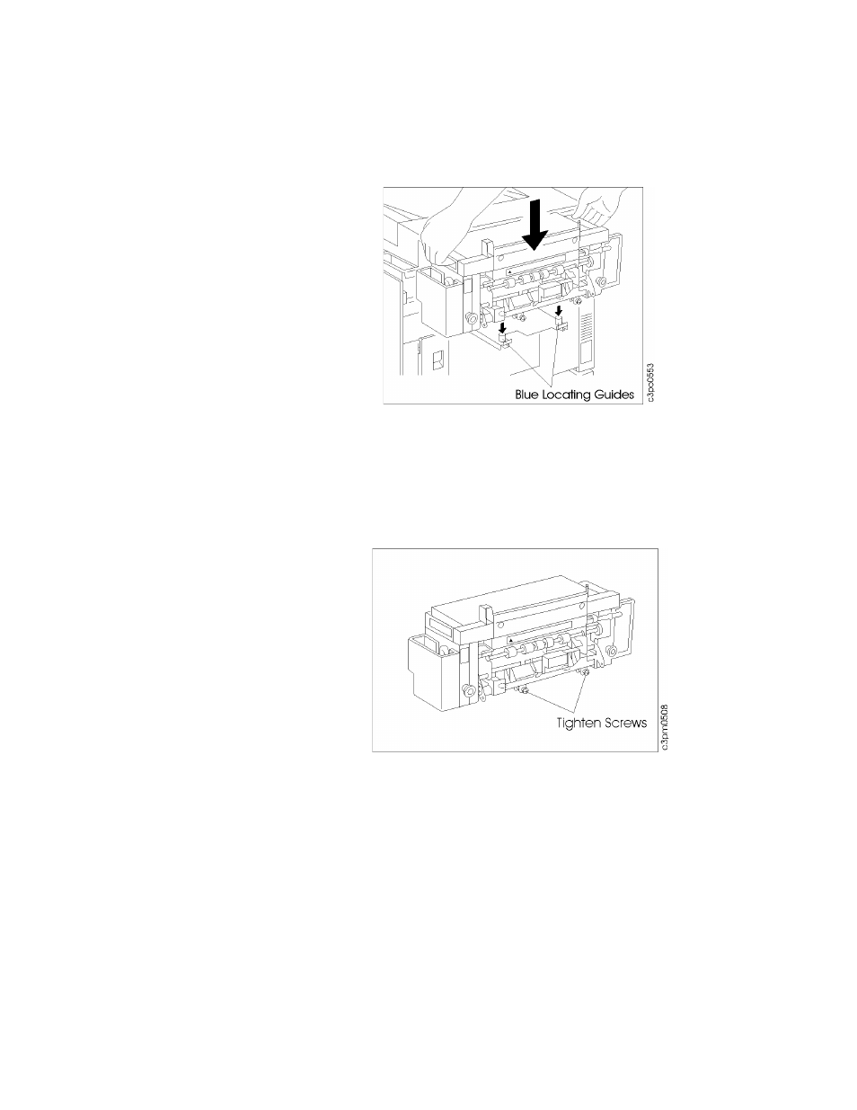 Installing the new fuser, Use the green fuser handholds to put the new fu, Use even pressure on the 2black pull knobs (se | Alternately tighten the 2fuser screws, approxi, Installing the new fuser –27 | IBM S544-5361-01 User Manual | Page 101 / 218