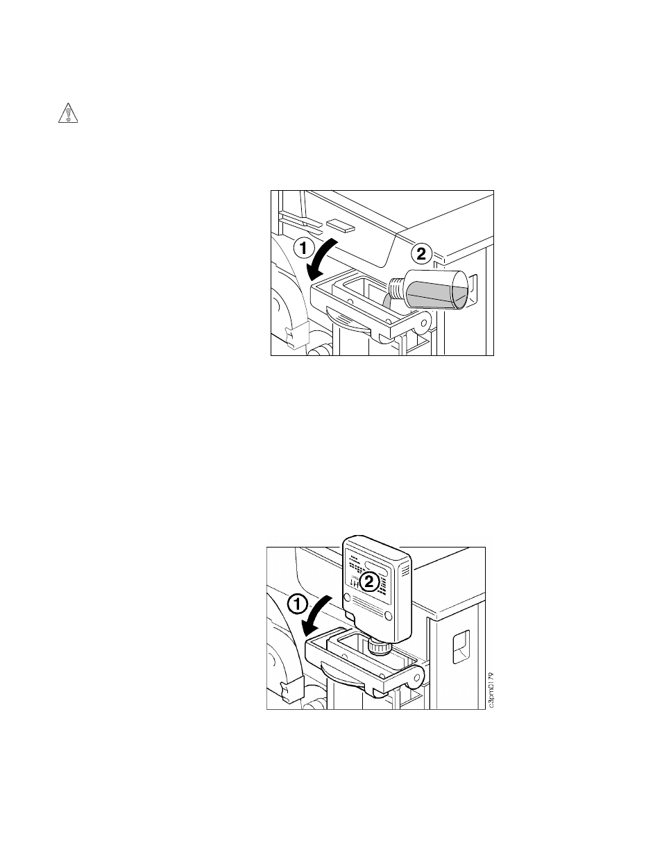Filling the new fuser unit with fuser oil, Open the oil recycle bottle and slowly pour the, Lower the fuser oil bottle cover [1 | Hold a towel on the top of the oil bottle and t, Align the bottle with the bottle holder. firmly, Filling the new fuser unit with fuser oil –30 | IBM S544-5361-01 User Manual | Page 104 / 218