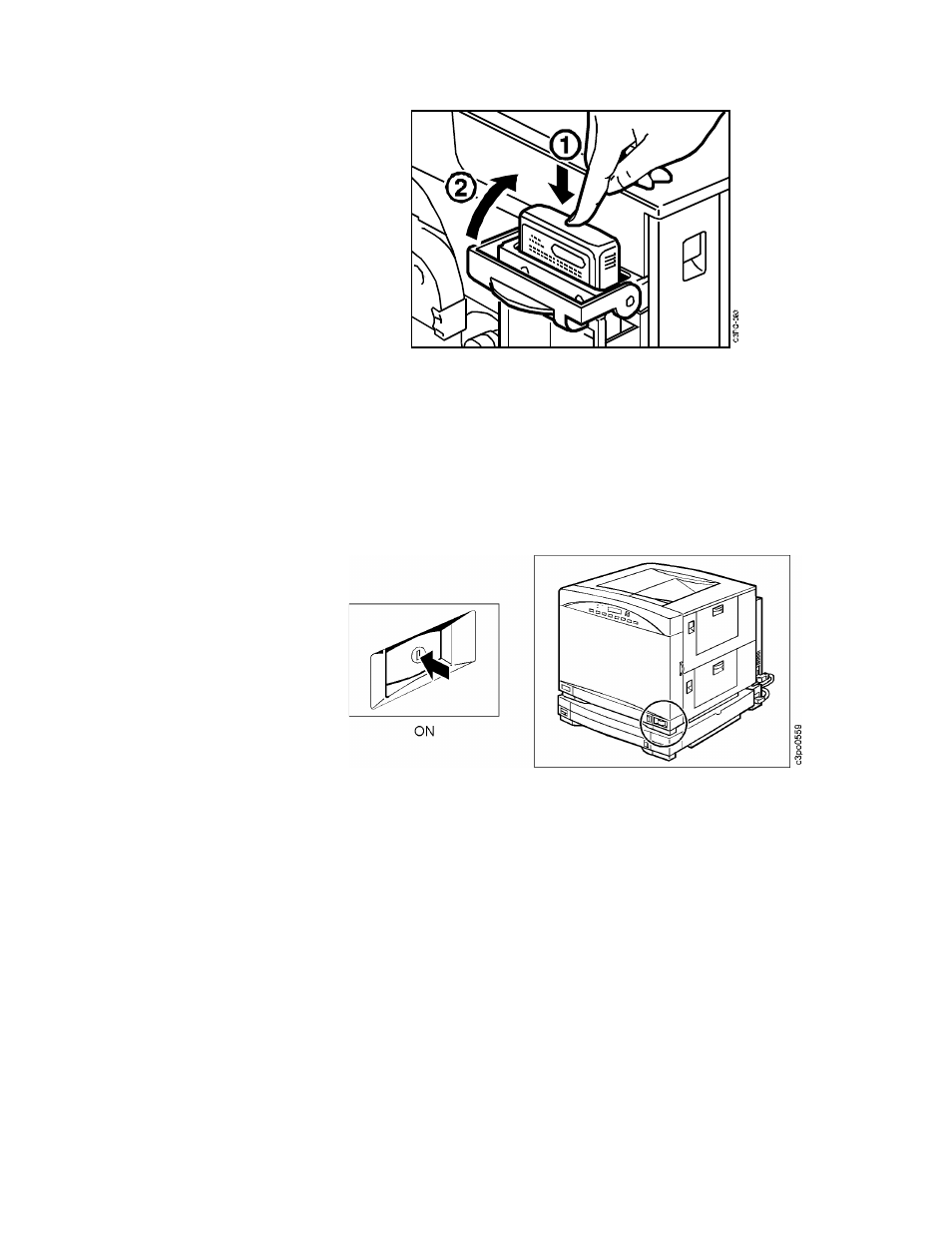 Raise the fuser oil bottle cover [2, Close the fuser access door and the feeder acce, Close the front door | Turn on the printer, Printing test pages | IBM S544-5361-01 User Manual | Page 105 / 218