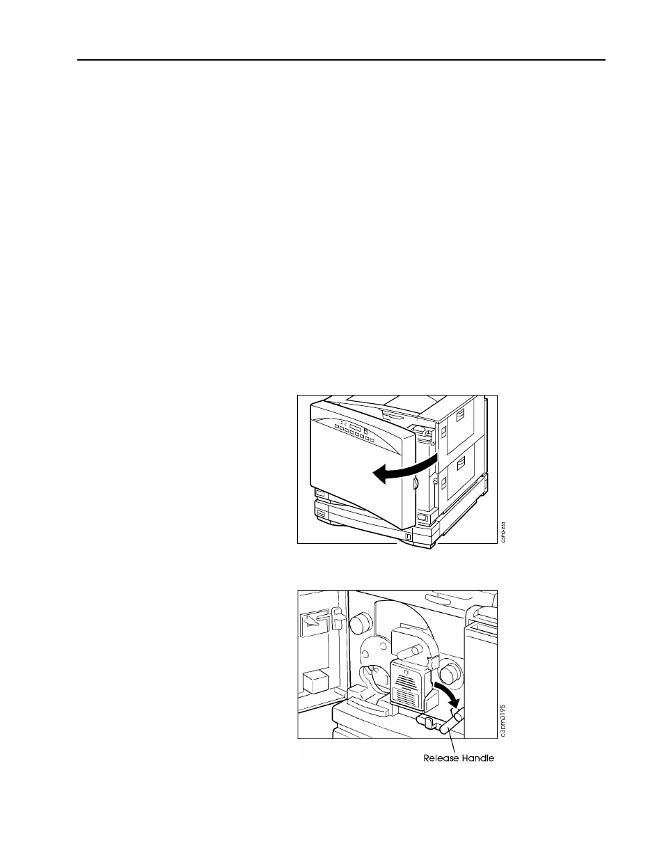 Replacing the photoconductor drum cartridge, Locating the orange photoconductor drum shield, Removing the old photoconductor drum cartridge | Make sure the power switch is turned off. open, Push down on the release handle, Replacing the photoconductor drum cartridge –33 | IBM S544-5361-01 User Manual | Page 107 / 218