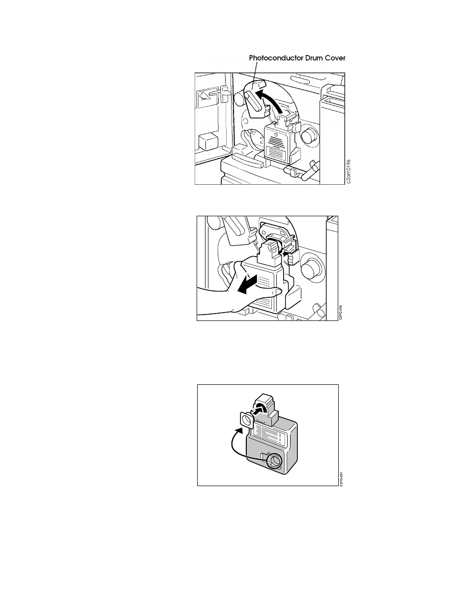 Open the photoconductor drum cover, Remove the used toner bottle, Seal the used toner bottle and put it aside | Put the v-shaped end of the orange photoconduct | IBM S544-5361-01 User Manual | Page 108 / 218