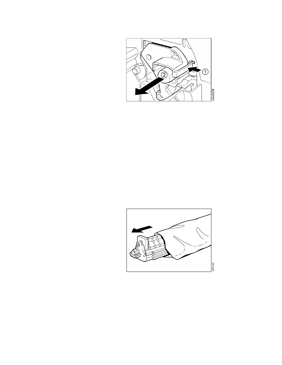 Press the green tab [1] on the right side of th, Installing a new photoconductor drum cartridge, Get a new photoconductor drum cartridge and rem | 1) do not open the protective bag or the photocond, 2) do not expose the photoconductor drum cartridge, 3) do not remove the orange protective shield from, Use the arrow on the cartridge as a guide to al, Installing a new photoconductor drum cartridge –35 | IBM S544-5361-01 User Manual | Page 109 / 218