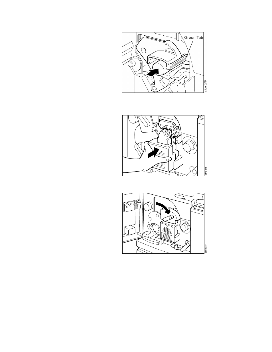 Push the cartridge all the way in until the gre, With the opening in the bottle facing the print, Lower the photoconductor drum cover to the clos | IBM S544-5361-01 User Manual | Page 111 / 218