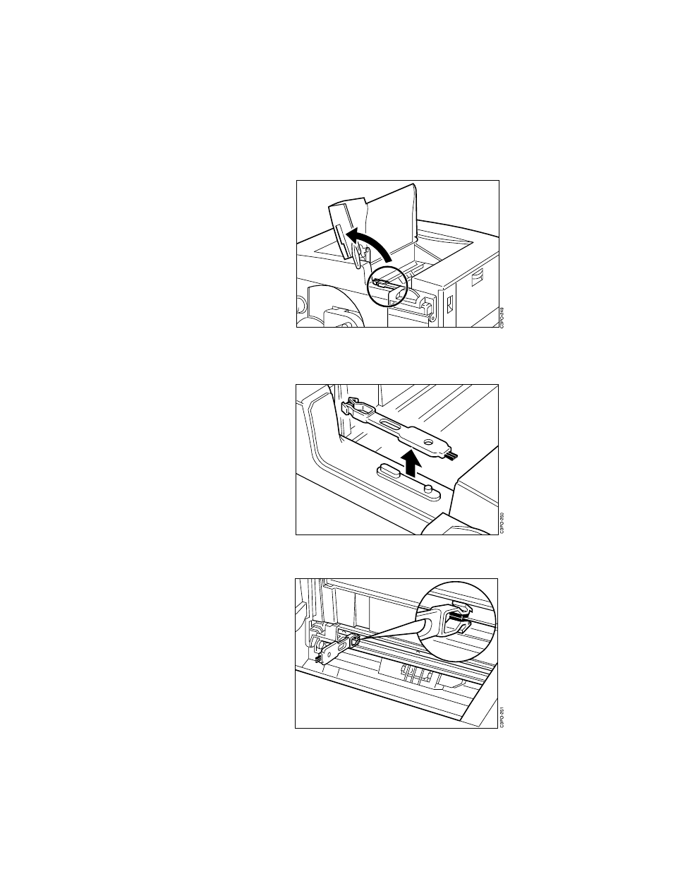 Cleaning the separation corona wire, Open the top cover to see the separation corona, Remove the wire cleaner from inside the printer | Put the padded end of the wire cleaner on the s, Cleaning the separation corona wire –39 | IBM S544-5361-01 User Manual | Page 113 / 218