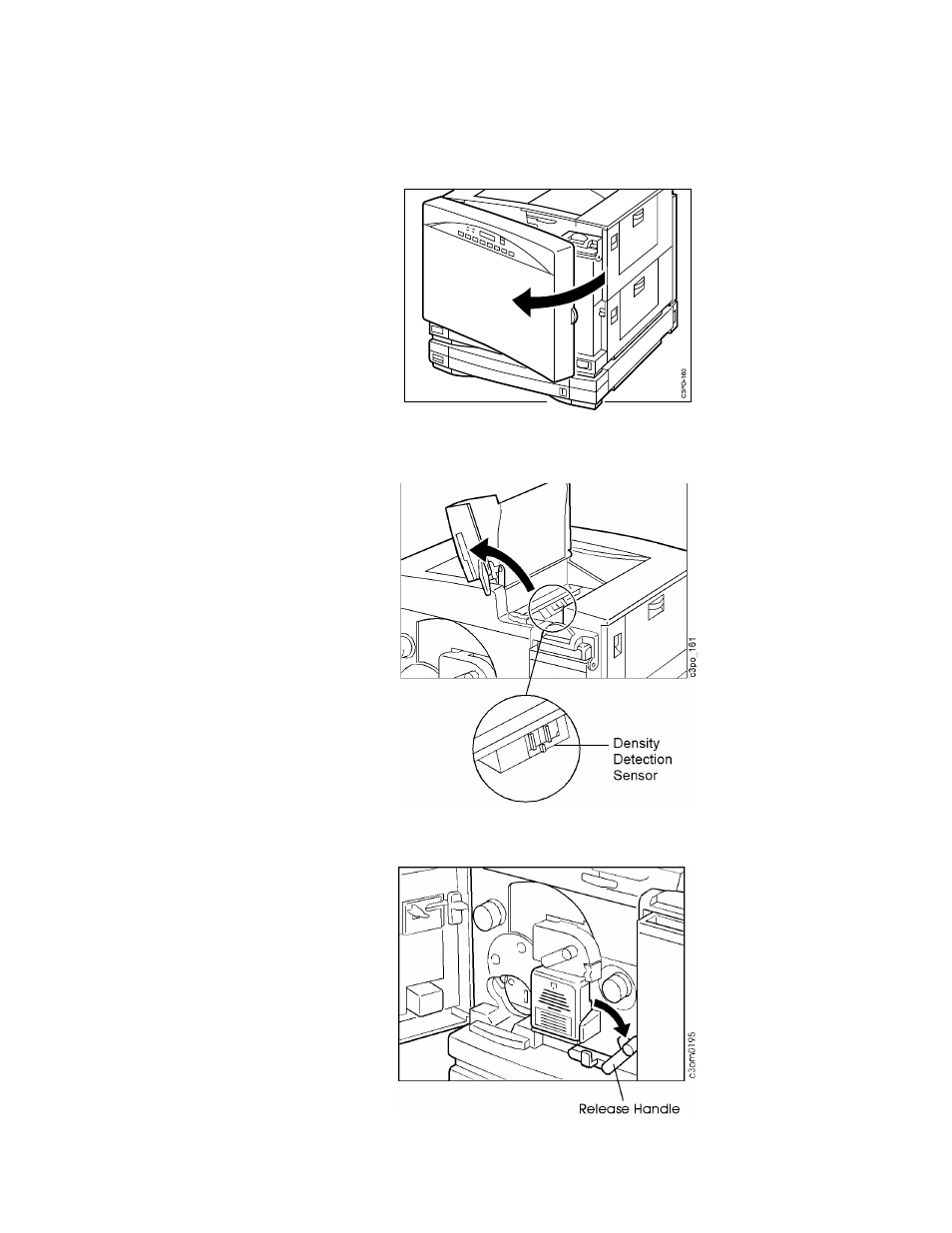 Clearing a paper jam in area 1 (transfer drum area, Open the front door, Open the top cover to see the transfer drum. av | Push the release handle down to unlock the tran | IBM S544-5361-01 User Manual | Page 118 / 218