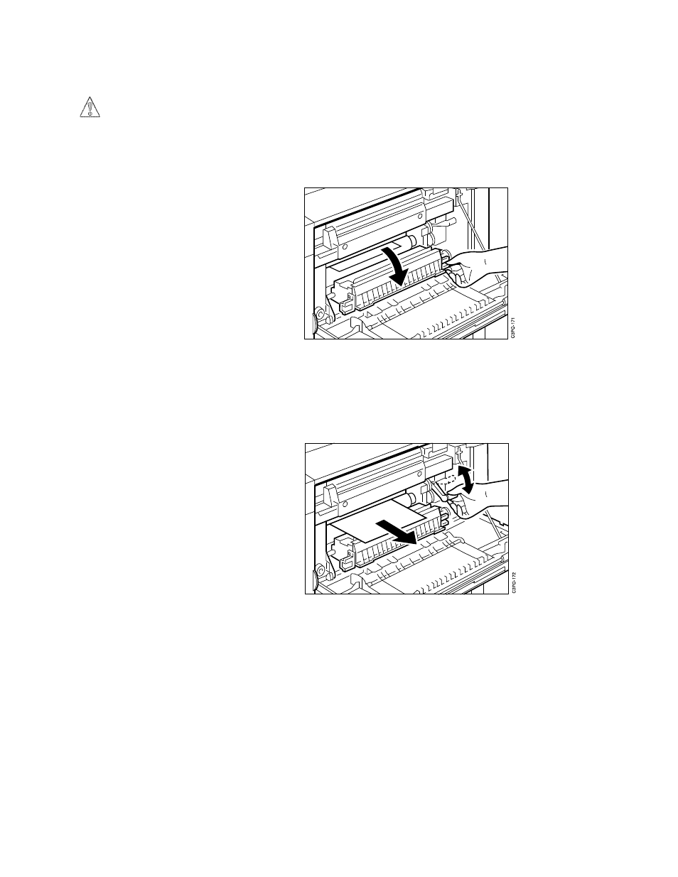 If the leading edge of the paper is visible, re, A. pull the release knobs at both ends of the pape, B. move the fuser jam-release lever up and down se | IBM S544-5361-01 User Manual | Page 121 / 218