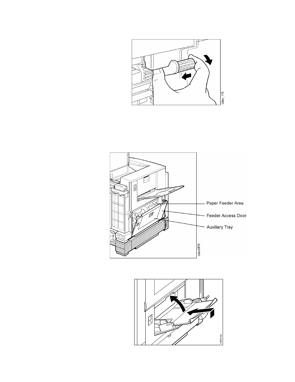 D. put the lever back to its original position and, Close the fuser door, Clearing a paper jam in area 3 (paper feeder area) | Make sure the auxiliary tray is closed | IBM S544-5361-01 User Manual | Page 123 / 218