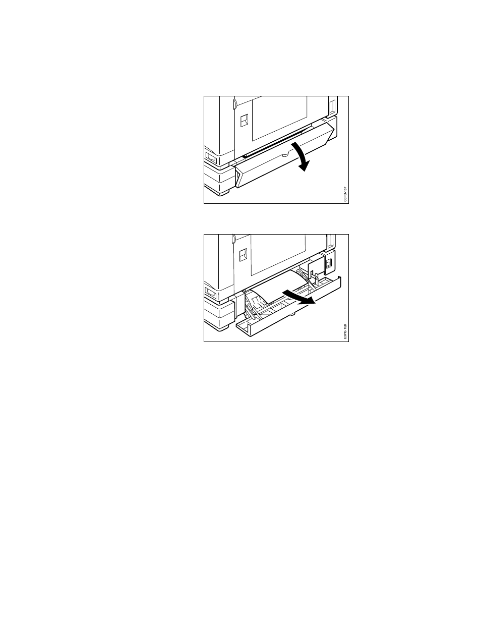 Clearing a paper jam in the tray 2 paper feeder, Pull on the tab to open the tray 2 paper feeder, Carefully remove the jammed paper | Close the tray 2 paper feeder door | IBM S544-5361-01 User Manual | Page 126 / 218