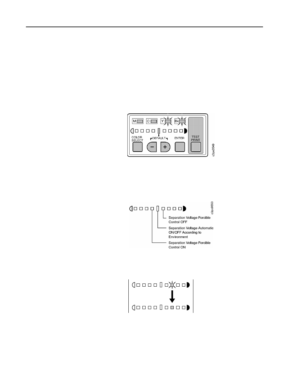 Setting the separation corona mode, While holding down the color select push button, Use the (–) or (+) push button to select the se | Press the enter push button to confirm the sepa, Setting the separation corona mode –26 | IBM S544-5361-01 User Manual | Page 140 / 218