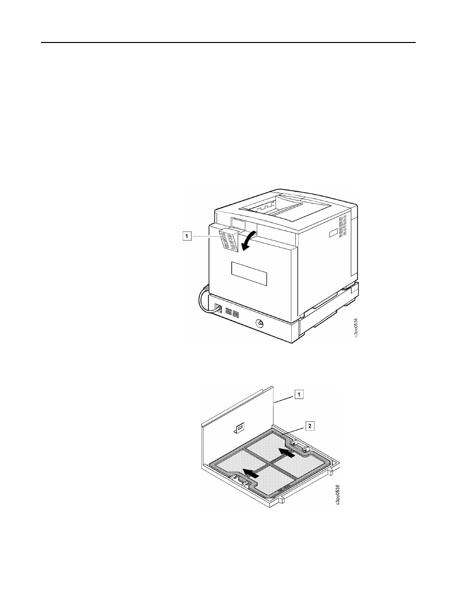 Replacing the air and ozone filters, Remove the used air filter, A. using the ridged grip on the top of the air fil | B. position the inside of the holder so that it is, C. push up on the filter as illustrated to pop the, Replacing the air and ozone filters –6 | IBM S544-5361-01 User Manual | Page 164 / 218