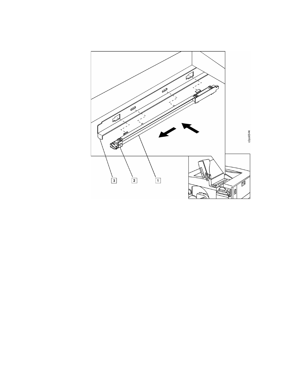 Install the new separation corona unit, A. align the 2 locking tabs on the separation coro, B. push the separation corona unit against the pla | C. being careful not to touch the separation coron, D. make sure that the separation corona unit is fi, E. close the top cover and front door | IBM S544-5361-01 User Manual | Page 169 / 218