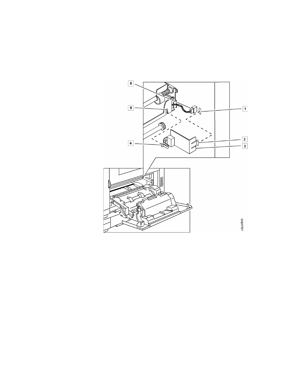 Remove the cleaning connector cover, A. push in the tab [2] on the front of the connect, B. pivot the cover to the front of the printer and | C. unplug the connector [6] by pulling on the wire | IBM S544-5361-01 User Manual | Page 171 / 218