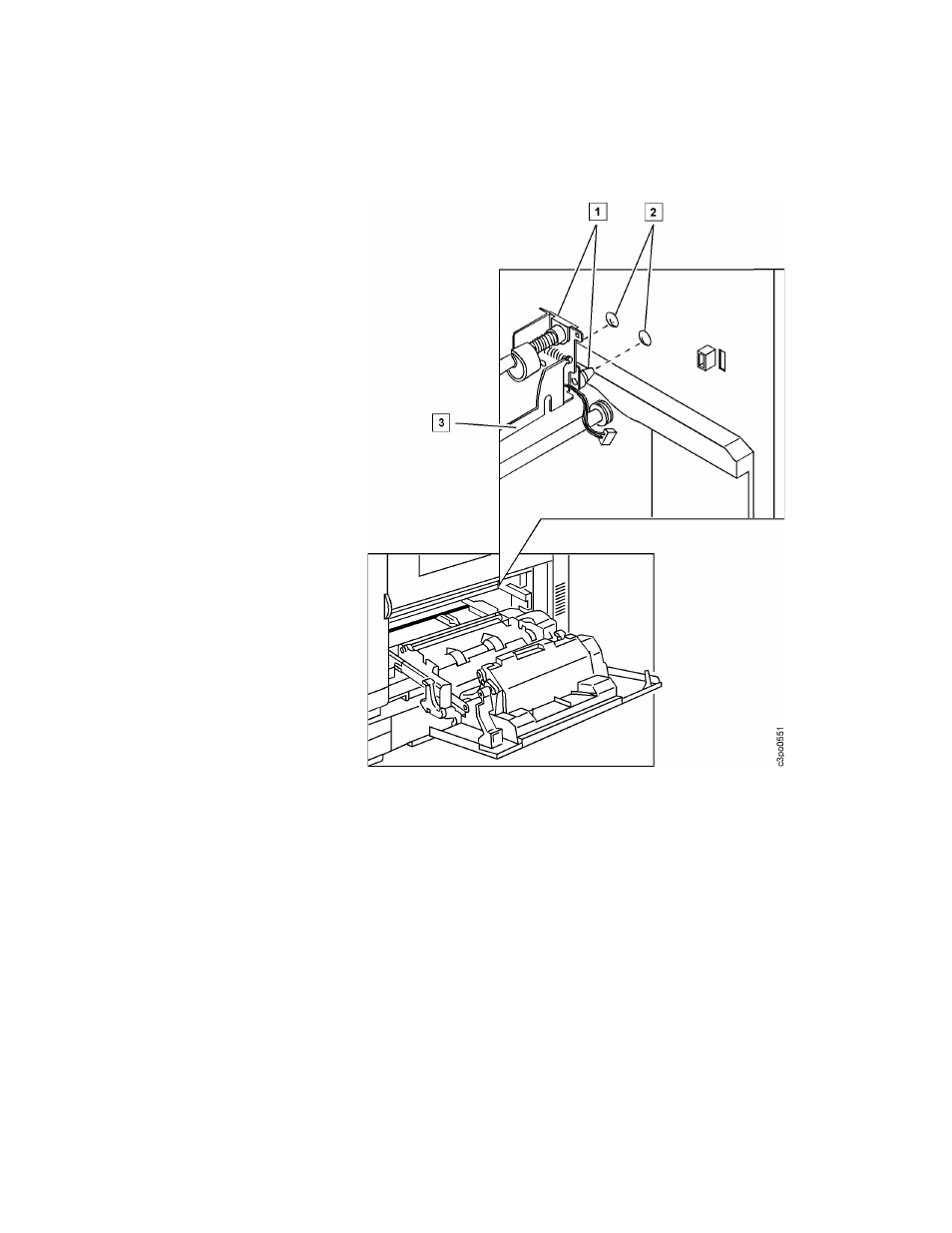 Install the new transfer drum cleaning assembly, A. position the cleaning assembly lever so that it, B. find the 2 tapered guide pins [1] on the transf | C. put the aligning shaft [3] in the slot [1]. piv | IBM S544-5361-01 User Manual | Page 173 / 218