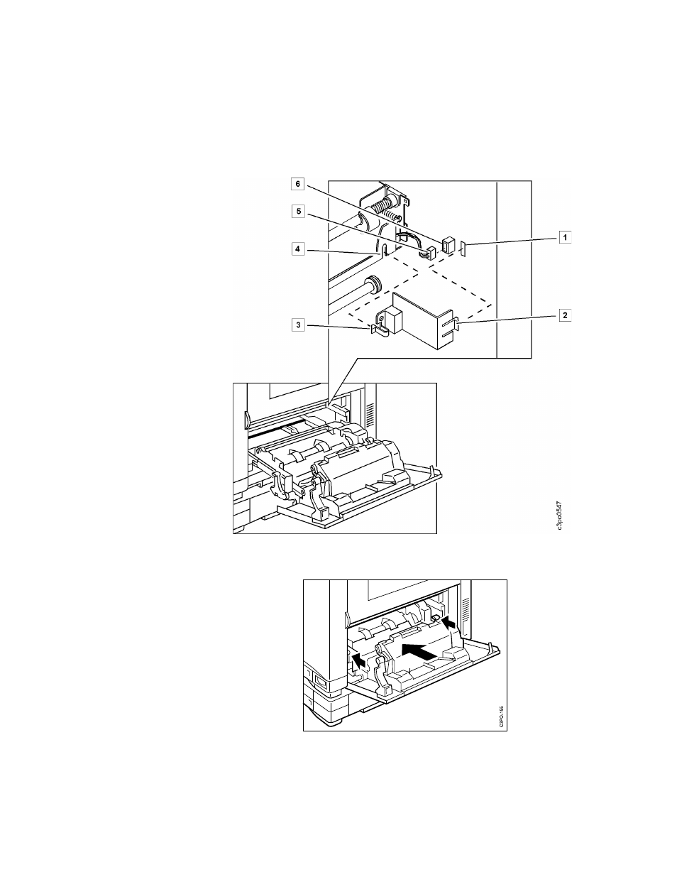 Replace the cleaning connector cover, A. plug the cleaning connector [5] into the socket, B. insert the clip [3] into the slot [4 | C. pivot the cover toward the back of the printer, D. align the tab [2] with the slot [1] and push it, Slide the paper feeder back into the printer, Close the feeder access door | IBM S544-5361-01 User Manual | Page 175 / 218