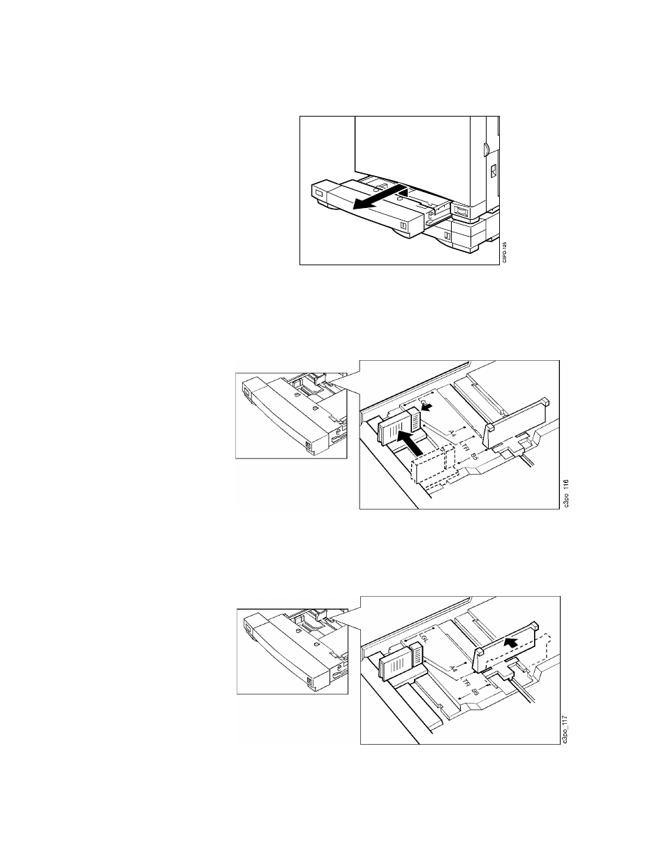 Push up the handle on the underside of the tray, Press the release button and slide the paper-wi, Lift the paper-length guide slightly and slide | IBM S544-5361-01 User Manual | Page 37 / 218