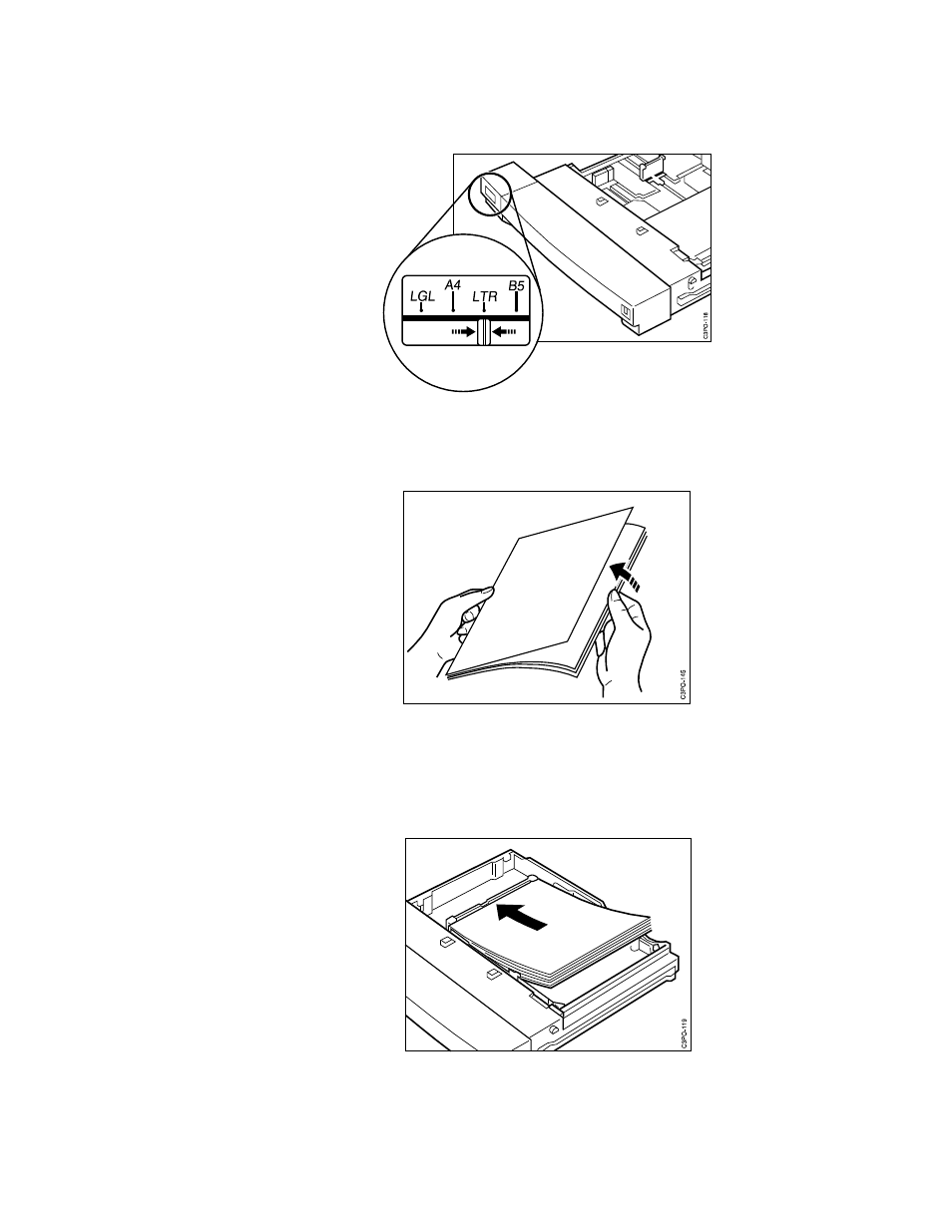 Set the paper-size indicator on the front of th, Load the paper, A. fan out small stacks of paper to lessen the cha | B. put the tray on a flat surface. then load a sta | IBM S544-5361-01 User Manual | Page 38 / 218