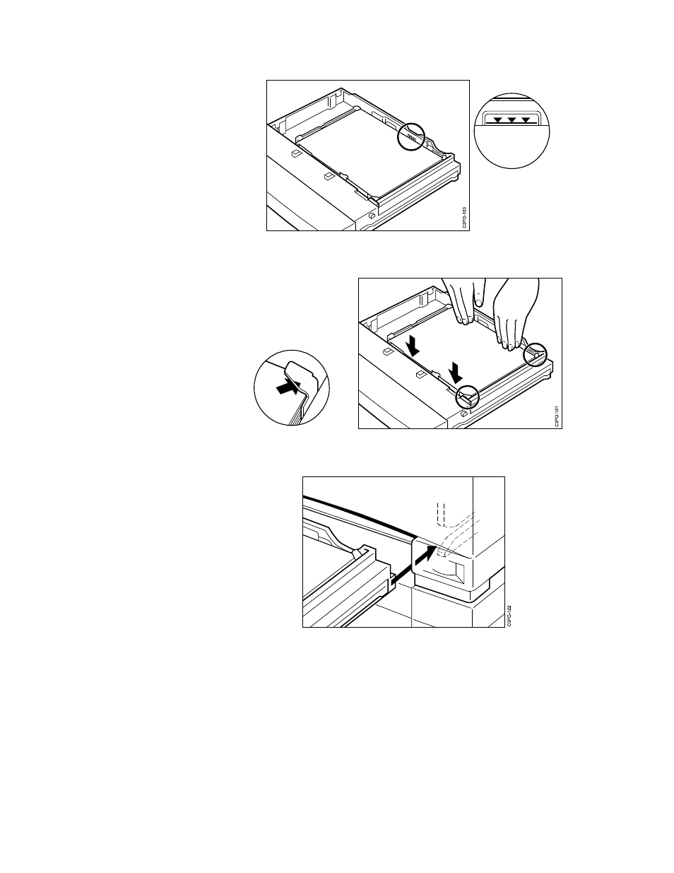 C. make sure the paper stack does not go above the, Press down on the paper so that it is anchored, Align the tray so that it lines up with the rai | IBM S544-5361-01 User Manual | Page 39 / 218