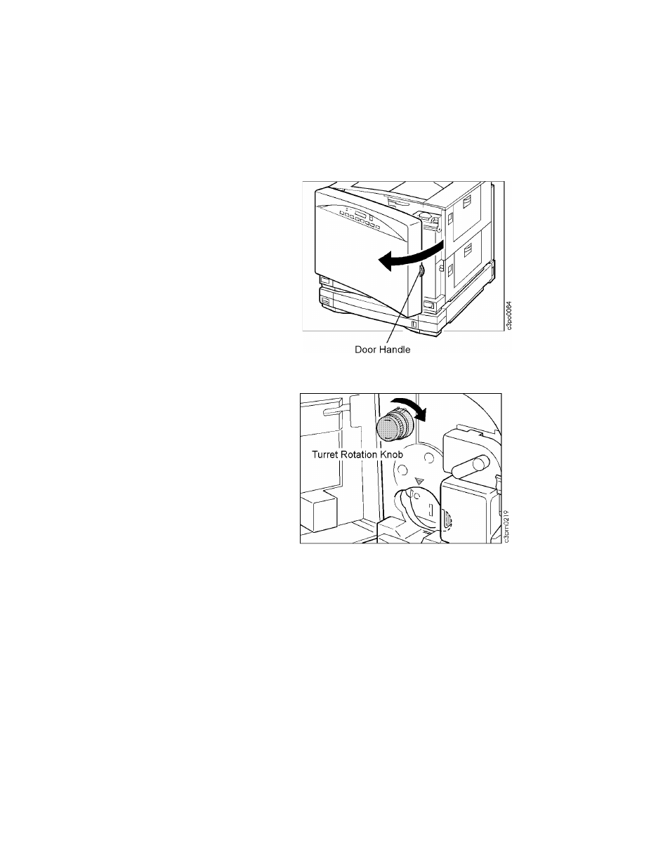 Removing the old cartridge, Open the front door, Find the turret rotation knob | Removing the old cartridge –5 | IBM S544-5361-01 User Manual | Page 79 / 218