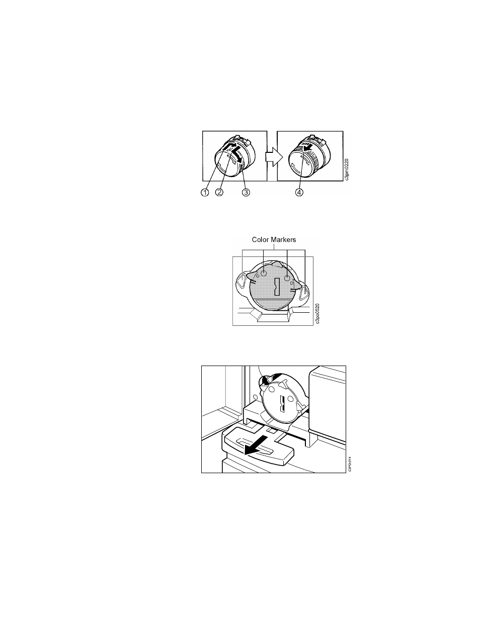 Use the turret rotation knob as follows, A. push the knob in [1] and turn it clockwise abou, B. release the knob [2 | C. turn the knob clockwise [3, D. when the turret is positioned to release a cart, E. when the color markers on the toner cartridge m, Make sure that the turret rotation knob is lock | IBM S544-5361-01 User Manual | Page 80 / 218