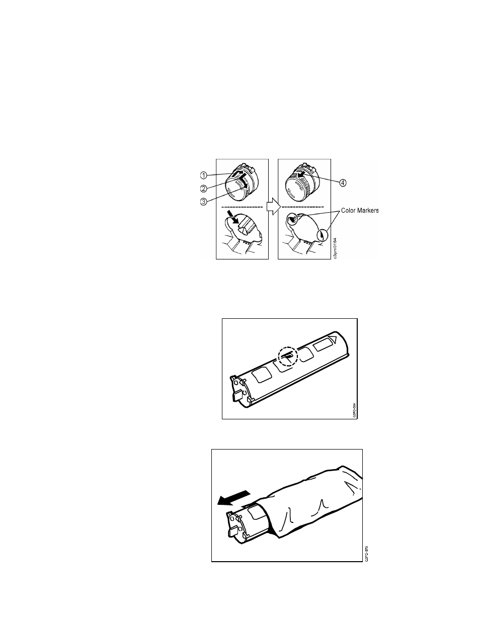 The turret rotation knob turns the turret so th, A. push the knob in [1] and turn it clockwise abou, B. release the knob [2 | C. turn the knob clockwise [3]. notice the rotatio, D. when the turret is positioned to accept a cartr, Remove a new toner cartridge from its protectiv | IBM S544-5361-01 User Manual | Page 83 / 218