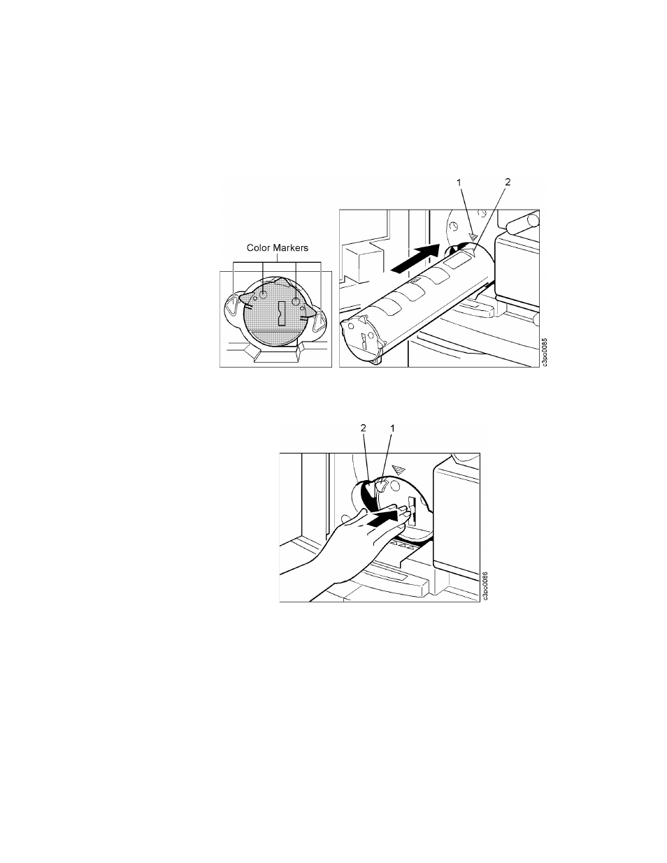 Hold the toner cartridge with the arrow [2] up, When the toner cartridge is locked in place, t, After you install the cartridge, turn the turr | Close the front door | IBM S544-5361-01 User Manual | Page 86 / 218