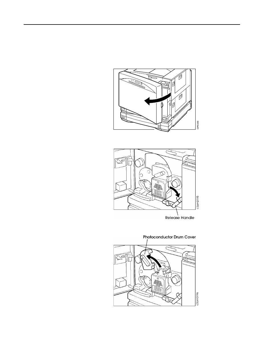 Replacing the used toner bottle, Open the front door, Push down on the release handle | Open the photoconductor drum cover, Replacing the used toner bottle –14 | IBM S544-5361-01 User Manual | Page 88 / 218