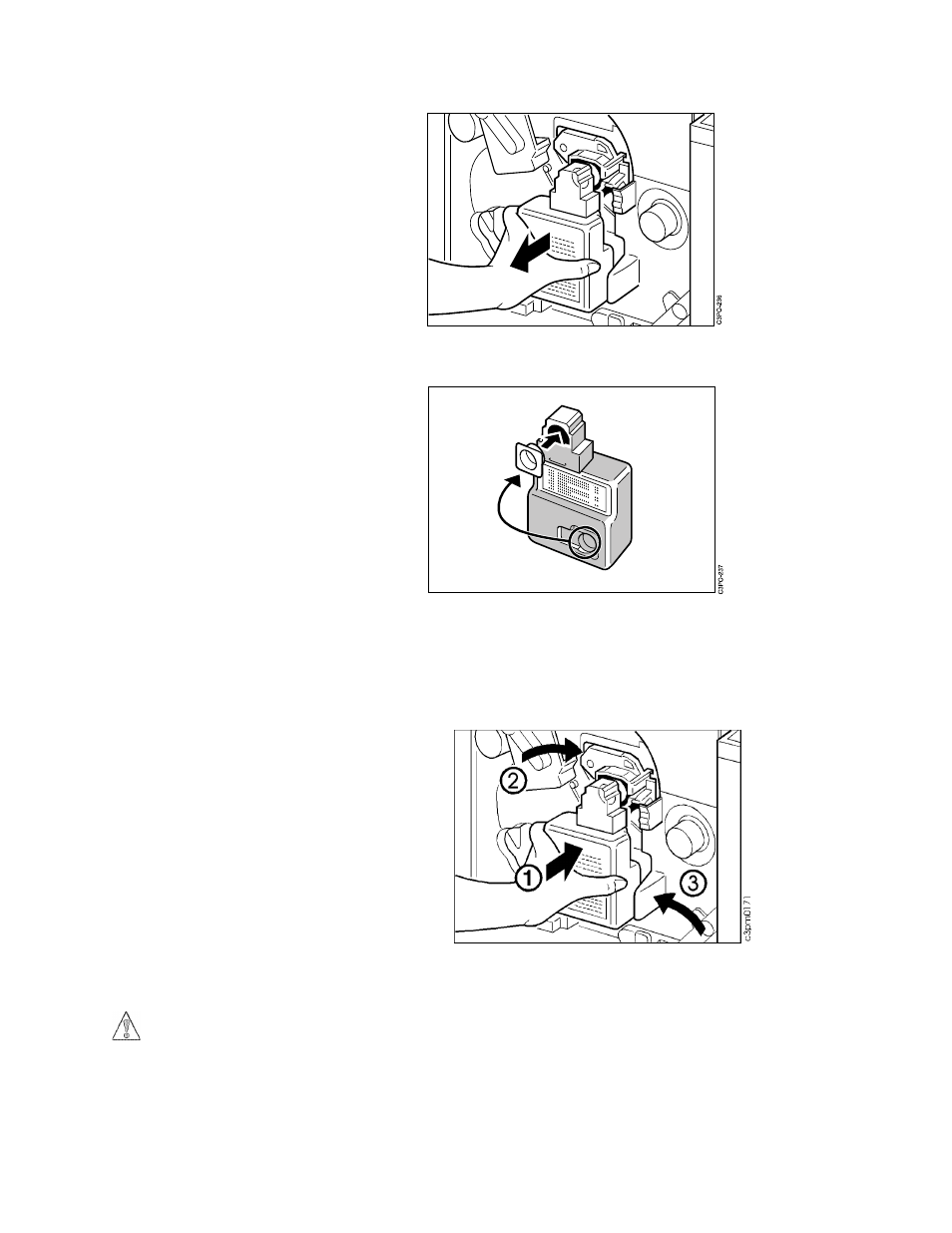 Remove the used toner bottle, Seal the used toner bottle, With the opening in the bottle facing the print | Lower the photoconductor drum cover [2] to the, Raise the release handle [3] to the operating p, Close the front door | IBM S544-5361-01 User Manual | Page 89 / 218