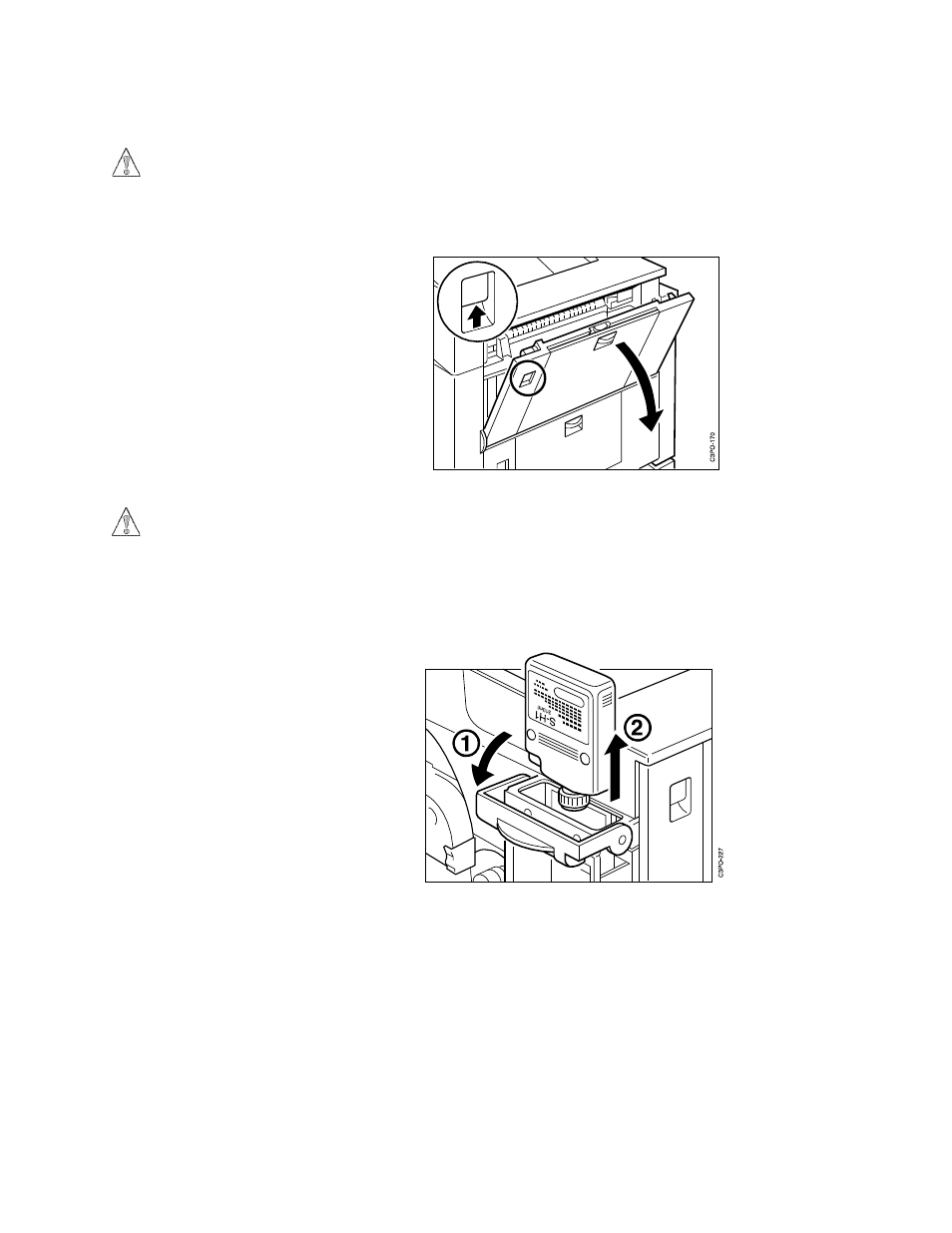 Removing the fuser oil from the printer, Open the fuser access door on the upper right s, Lower the fuser oil bottle cover [1]. lift the | Wipe off any excess oil on the bottle and put t, Removing the fuser oil from the printer –21 | IBM S544-5361-01 User Manual | Page 95 / 218