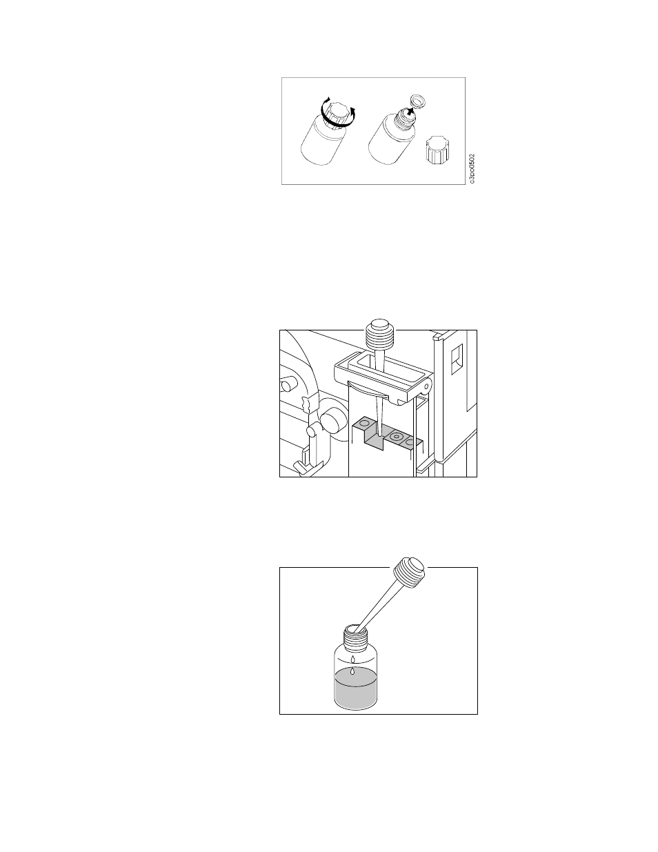 Open the oil recycle bottle and remove the inne, Put the oil recycle bottle on a towel on a leve, Use the oil removal tool to remove the fuser oi | A. push the top of the oil removal tool all the wa, B. be careful not to spill any oil. take the oil r, C. repeat stepa and stepb until you have removed | IBM S544-5361-01 User Manual | Page 96 / 218