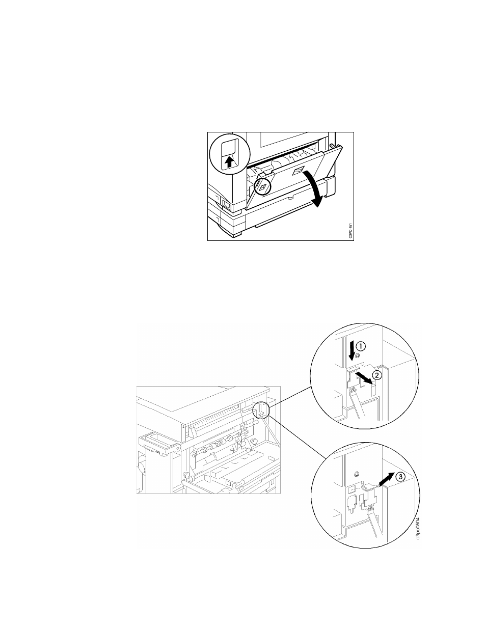 Removing the fuser access door, Open the feeder access door on the lower right, The strap of the fuser access door is attached | A. push the upper locking tab down [1, B. pull the tab out of the printer frame [2, C. lift the tab up and out of the printer frame [3, Removing the fuser access door –24 | IBM S544-5361-01 User Manual | Page 98 / 218