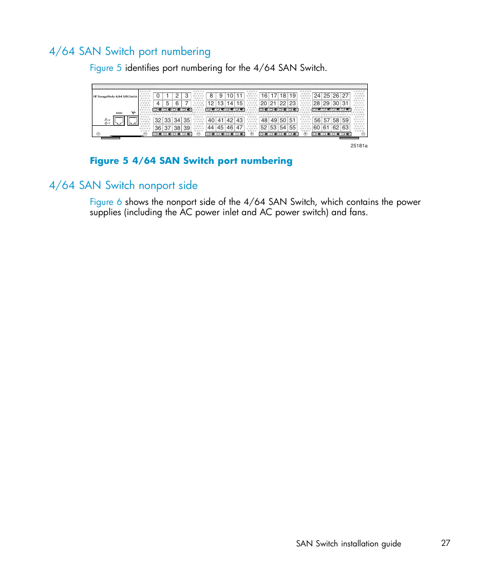 4/64 san switch port numbering, 4/64 san switch nonport side, 5 4/64 san switch port numbering | Figure 5 4/64 san switch port numbering, San switch installation guide 27 | IBM AA-RWF3A-TE User Manual | Page 27 / 159