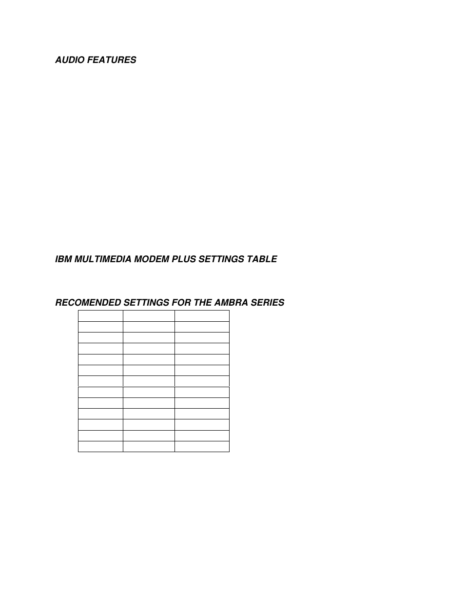 Audio features, Ibm multimedia modem plus settings table, Recomended settings for the ambra series | IBM 715 P/N - 13H6715 User Manual | Page 43 / 47