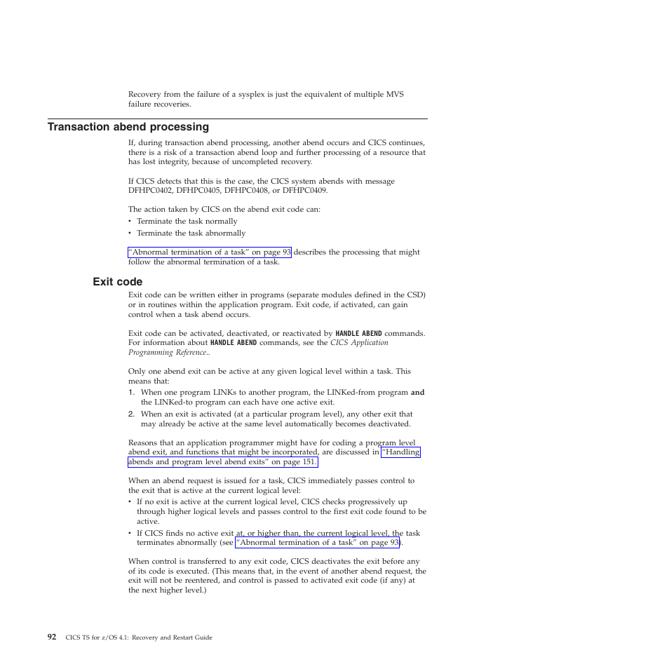 Transaction abend processing, Exit code | IBM SC34-7012-01 User Manual | Page 104 / 268