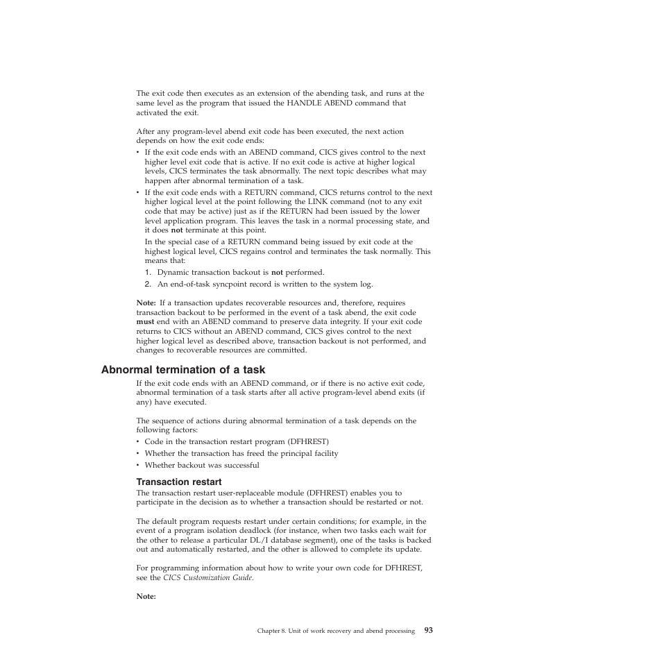 Abnormal termination of a task, Transaction restart | IBM SC34-7012-01 User Manual | Page 105 / 268