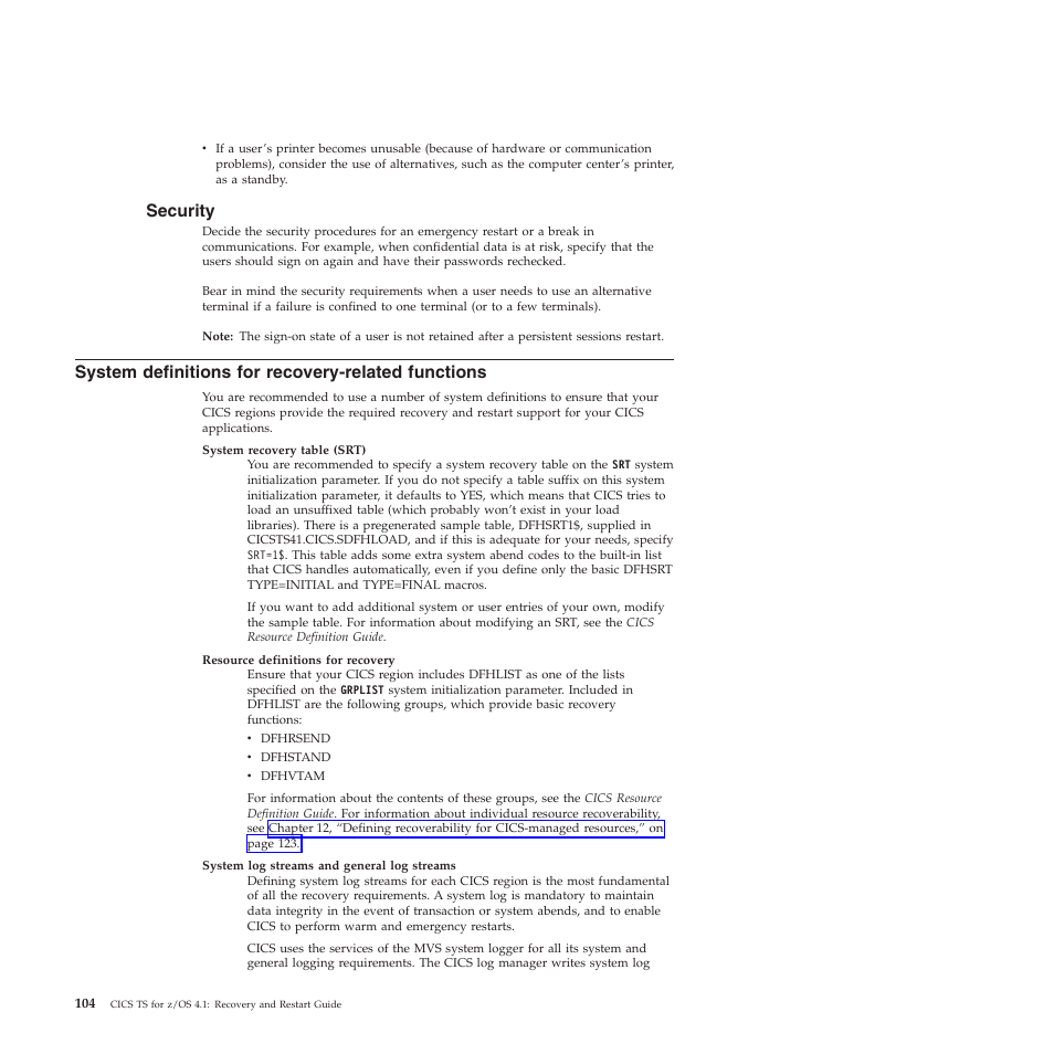 Security, System definitions for recovery-related functions | IBM SC34-7012-01 User Manual | Page 116 / 268