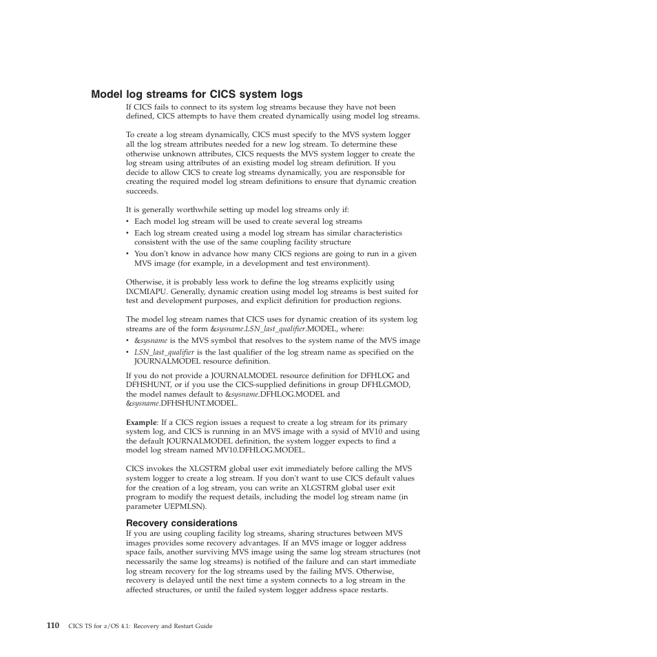 Model log streams for cics system logs, Recovery considerations | IBM SC34-7012-01 User Manual | Page 122 / 268