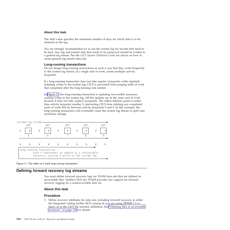 Long-running transactions, Defining forward recovery log streams | IBM SC34-7012-01 User Manual | Page 128 / 268