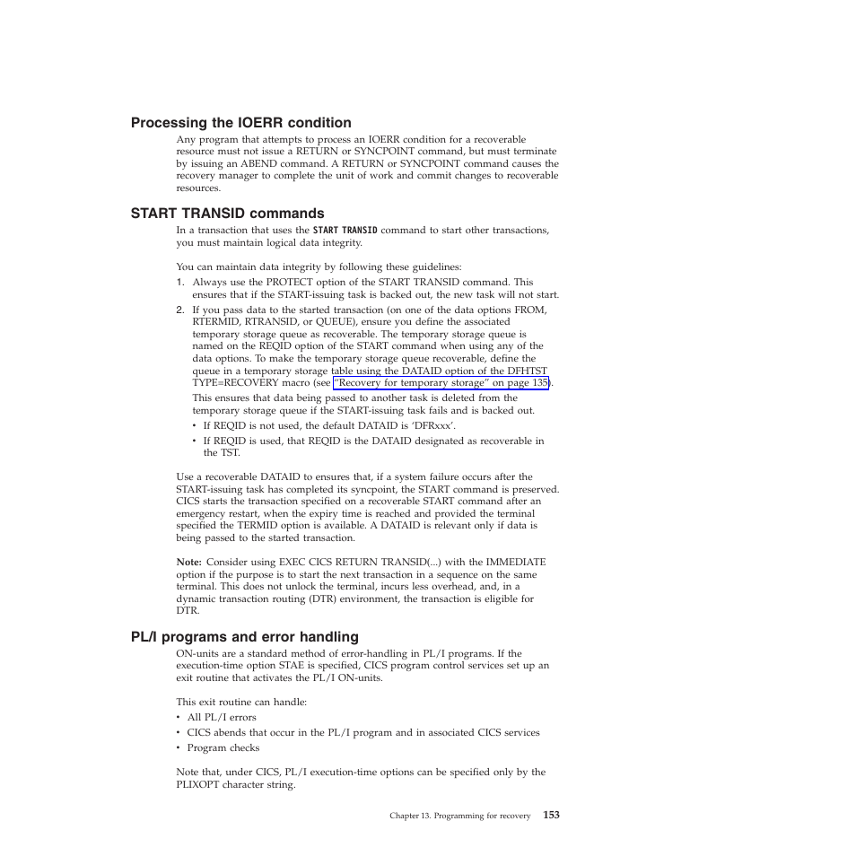 Processing the ioerr condition, Start transid commands, Pl/i programs and error handling | IBM SC34-7012-01 User Manual | Page 165 / 268