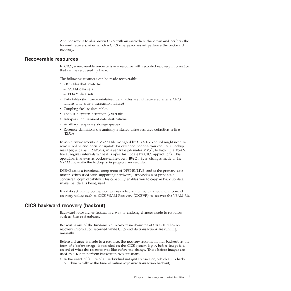 Recoverable resources, Cics backward recovery (backout) | IBM SC34-7012-01 User Manual | Page 17 / 268