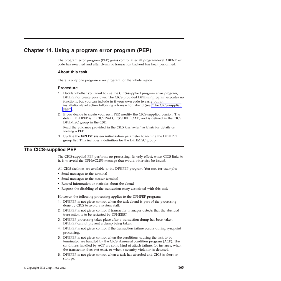 Chapter 14. using a program error program (pep), The cics-supplied pep | IBM SC34-7012-01 User Manual | Page 175 / 268