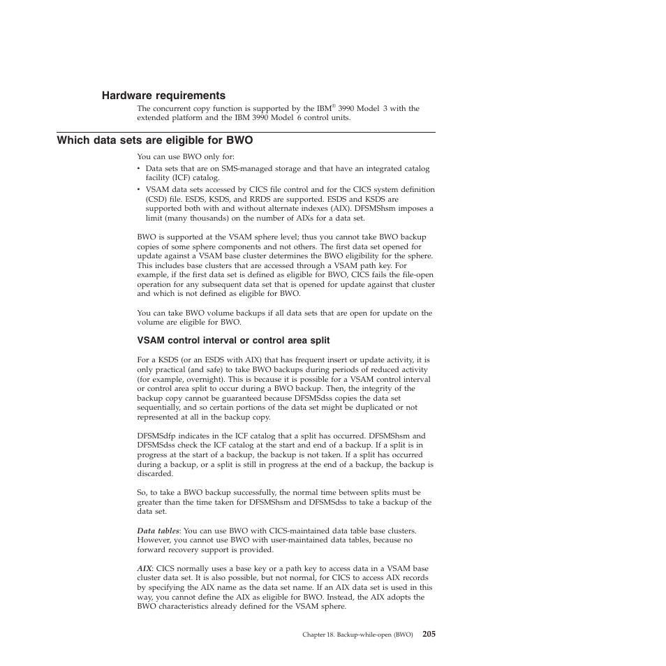 Hardware requirements, Which data sets are eligible for bwo | IBM SC34-7012-01 User Manual | Page 217 / 268