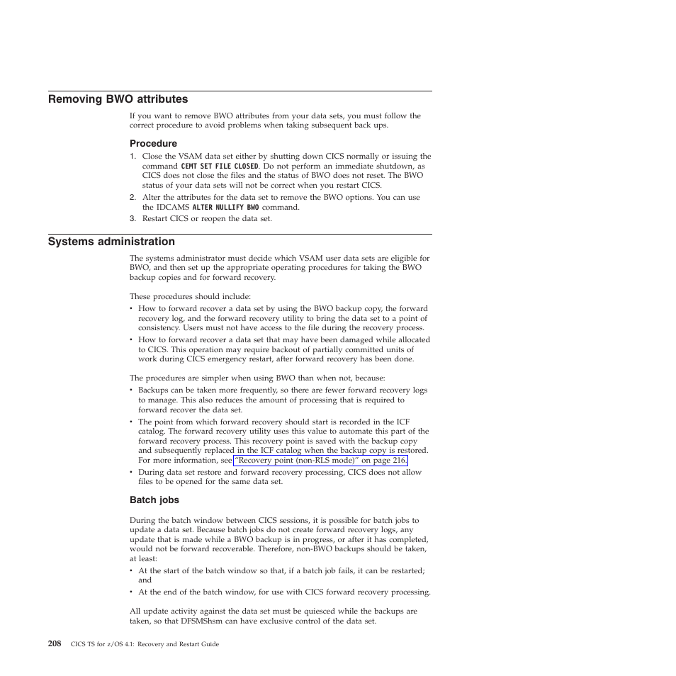 Removing bwo attributes, Systems administration | IBM SC34-7012-01 User Manual | Page 220 / 268