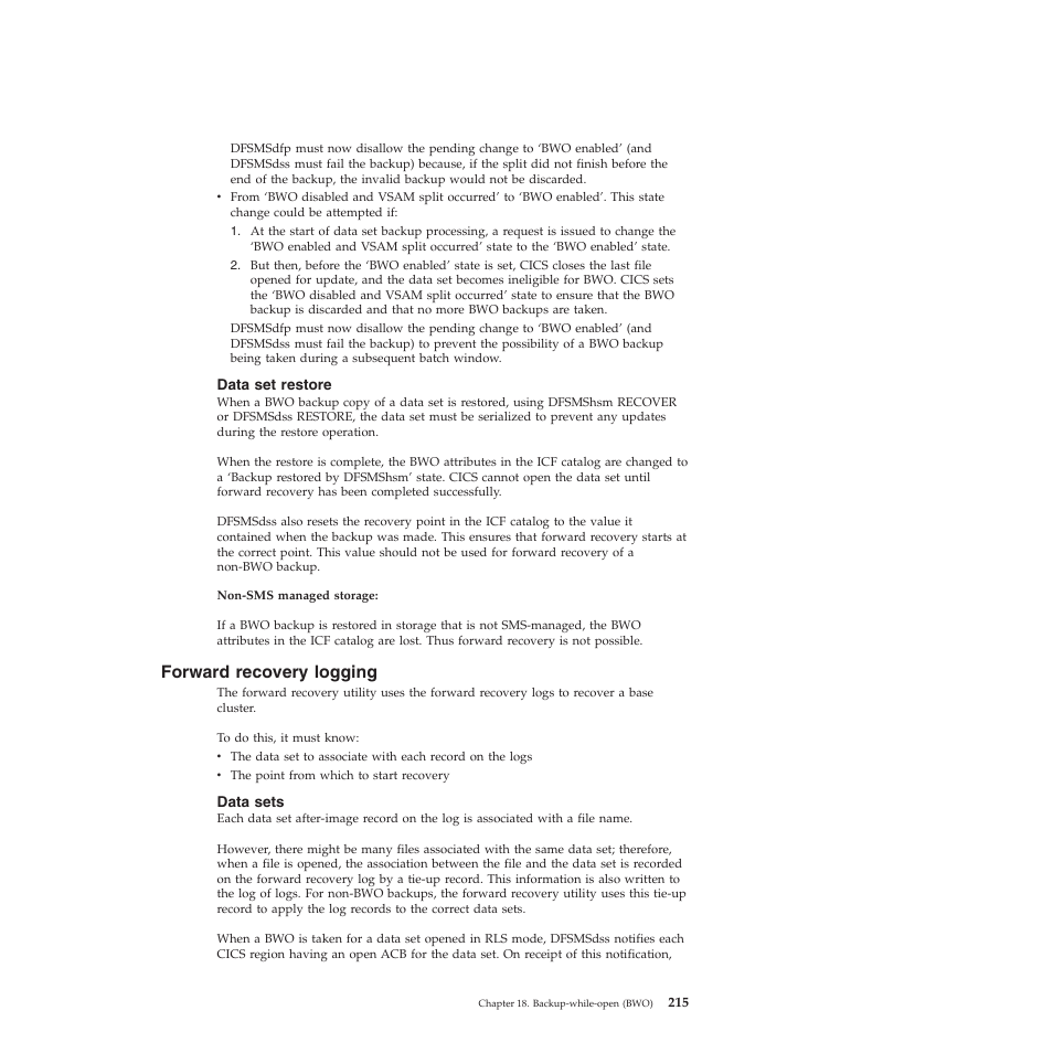 Data set restore, Forward recovery logging, Data sets | IBM SC34-7012-01 User Manual | Page 227 / 268