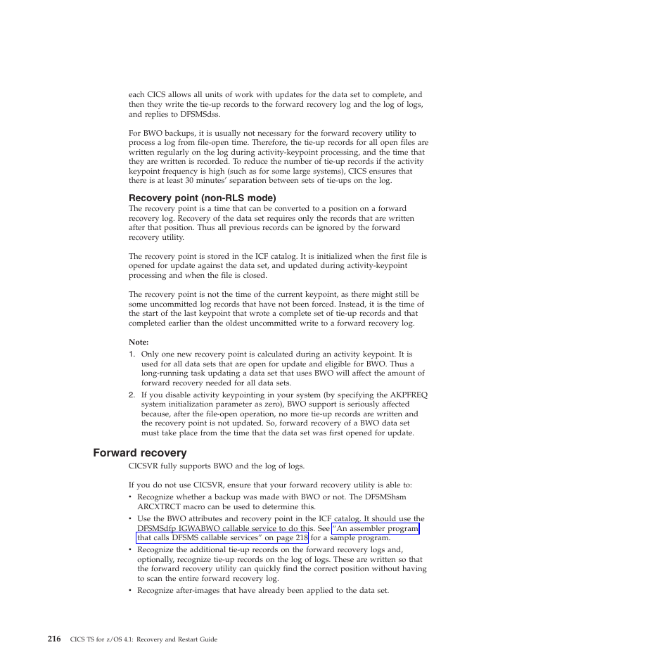 Recovery point (non-rls mode), Forward recovery | IBM SC34-7012-01 User Manual | Page 228 / 268