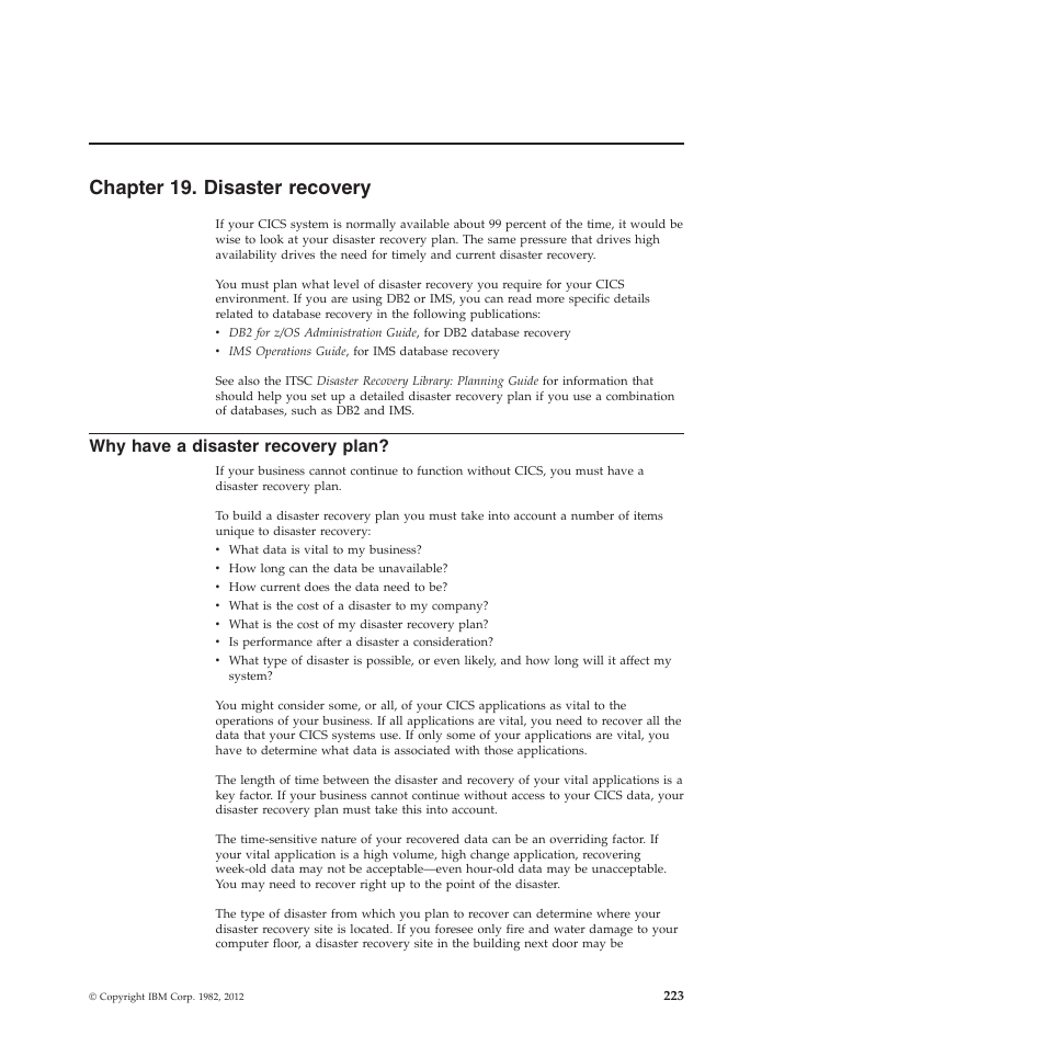 Chapter 19. disaster recovery, Why have a disaster recovery plan | IBM SC34-7012-01 User Manual | Page 235 / 268