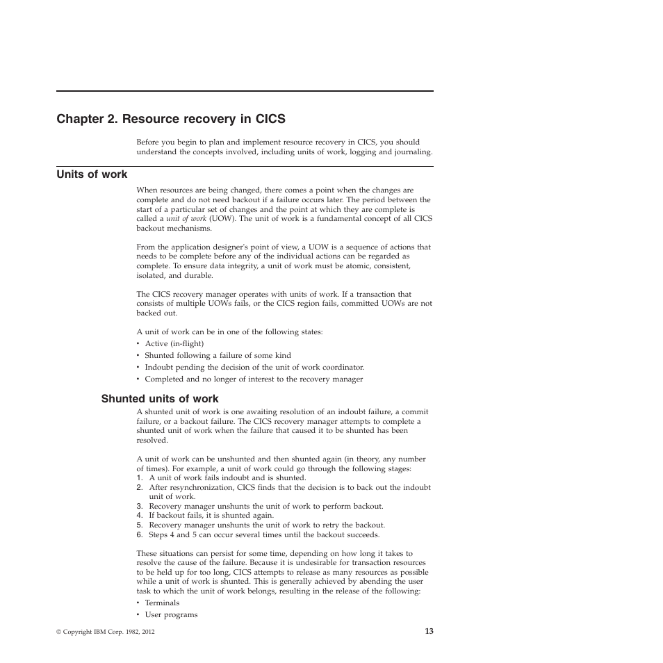 Chapter 2. resource recovery in cics, Units of work, Shunted units of work | IBM SC34-7012-01 User Manual | Page 25 / 268