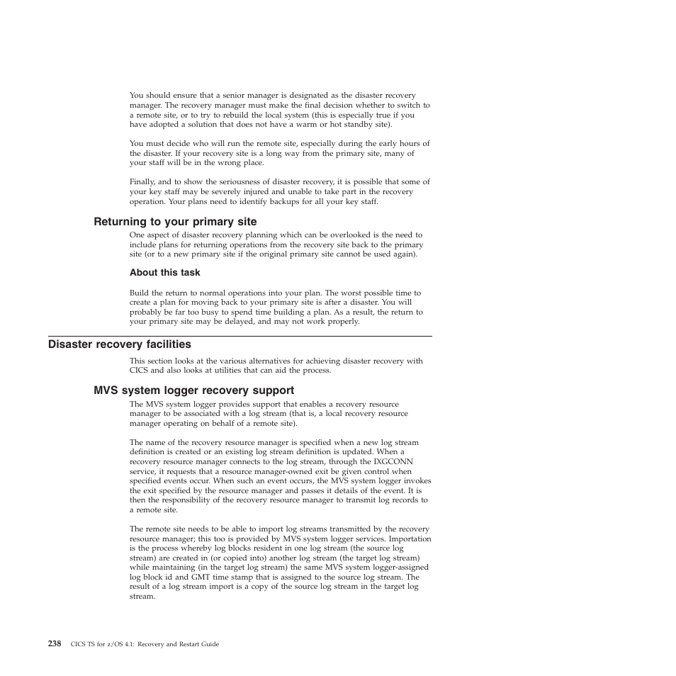 Returning to your primary site, Disaster recovery facilities, Mvs system logger recovery support | IBM SC34-7012-01 User Manual | Page 250 / 268