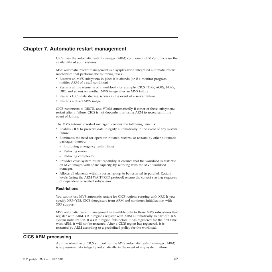 Chapter 7. automatic restart management, Cics arm processing | IBM SC34-7012-01 User Manual | Page 79 / 268