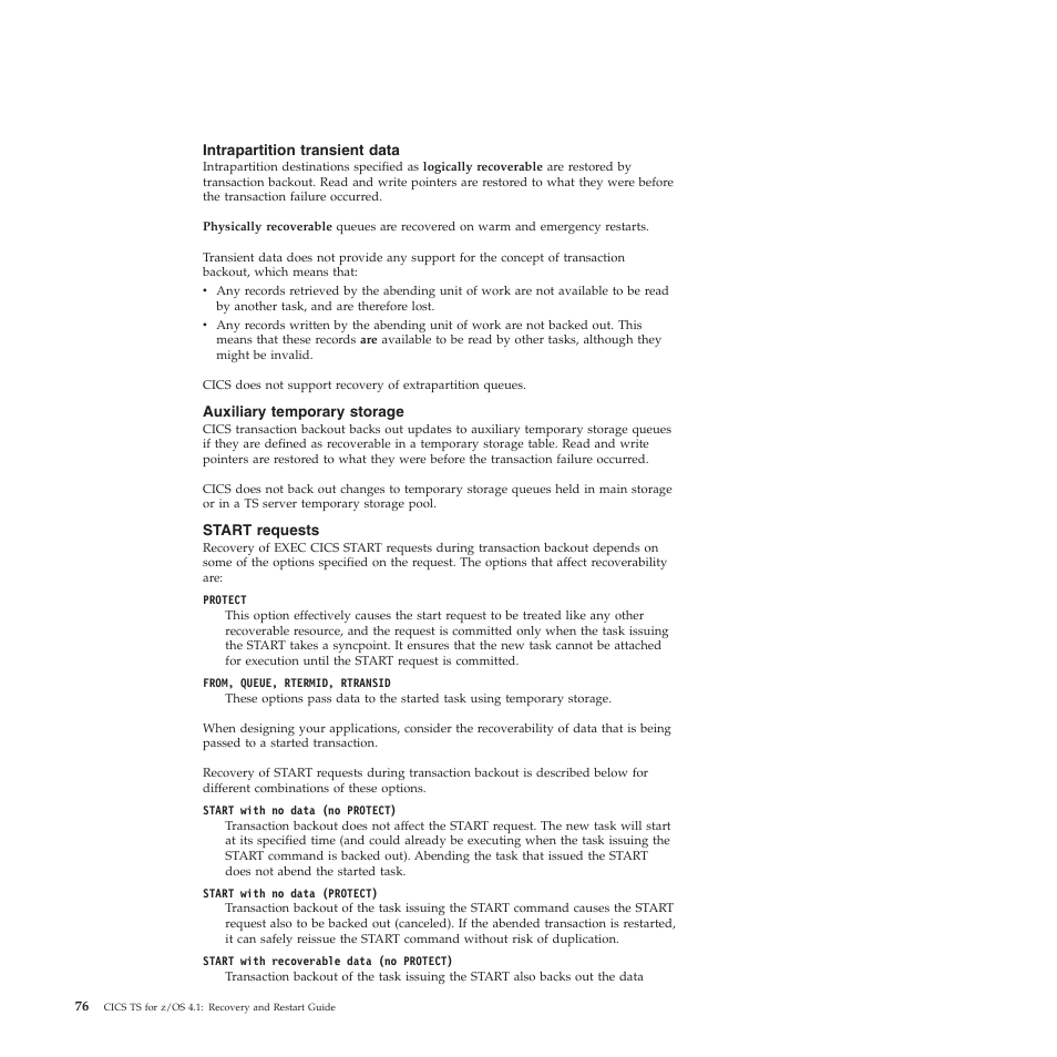 Intrapartition transient data, Auxiliary temporary storage, Start requests | IBM SC34-7012-01 User Manual | Page 88 / 268