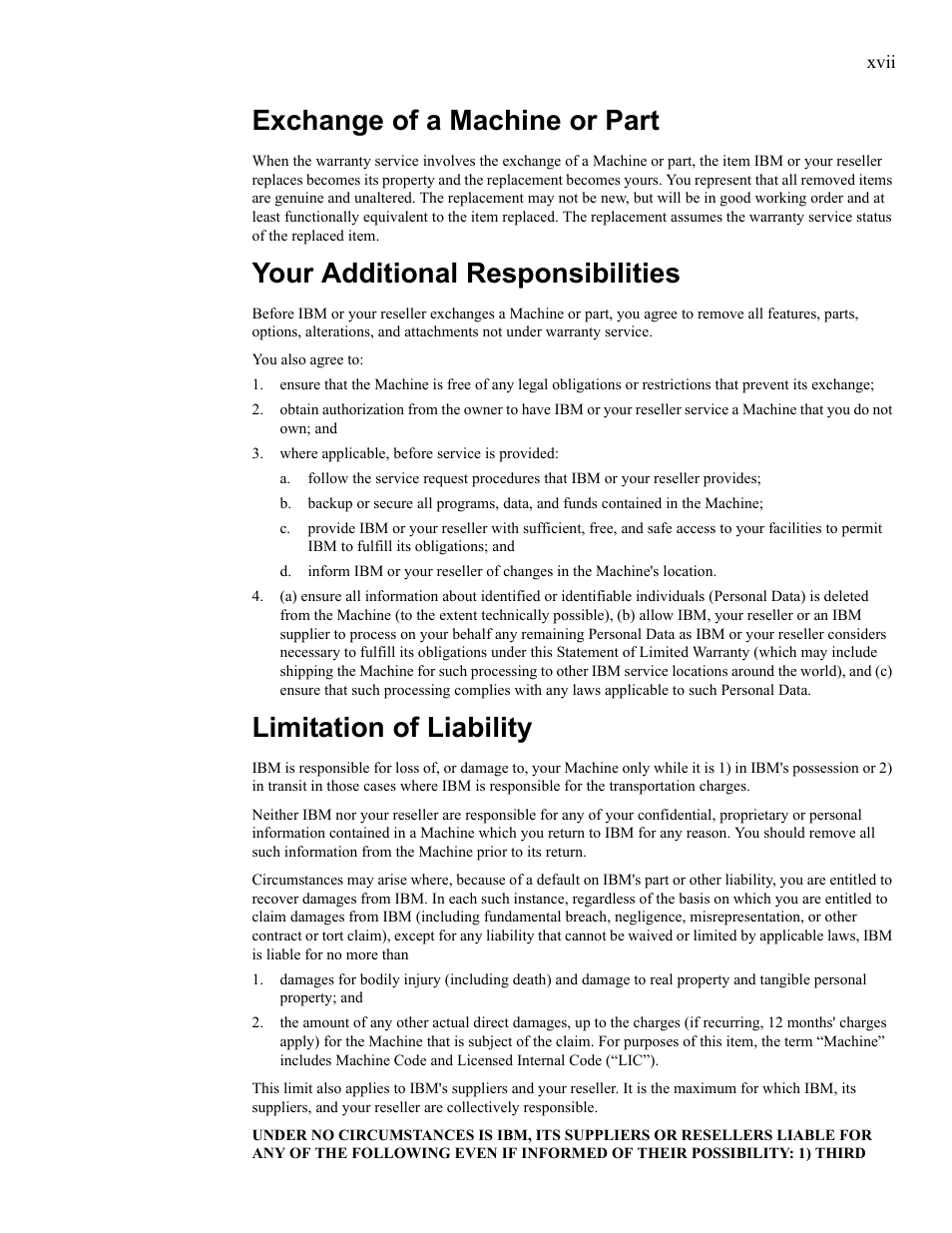 Exchange of a machine or part, Your additional responsibilities, Limitation of liability | IBM 24R9718 IB User Manual | Page 17 / 59
